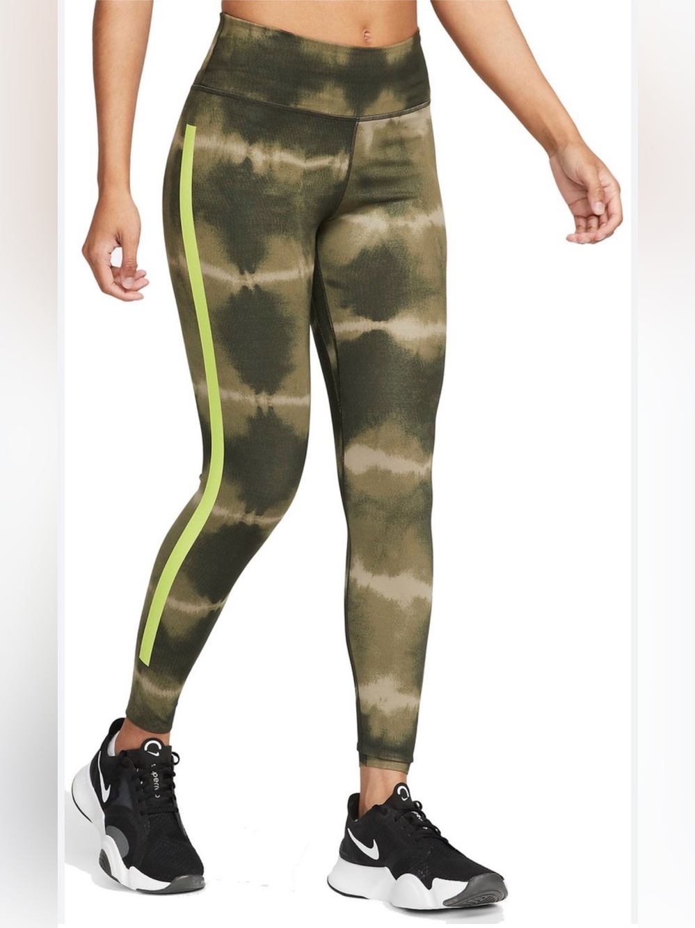NWT Nike One Luxe Mid Rise Tie Dye Lime Long leggings Yellow Stripe Size XL